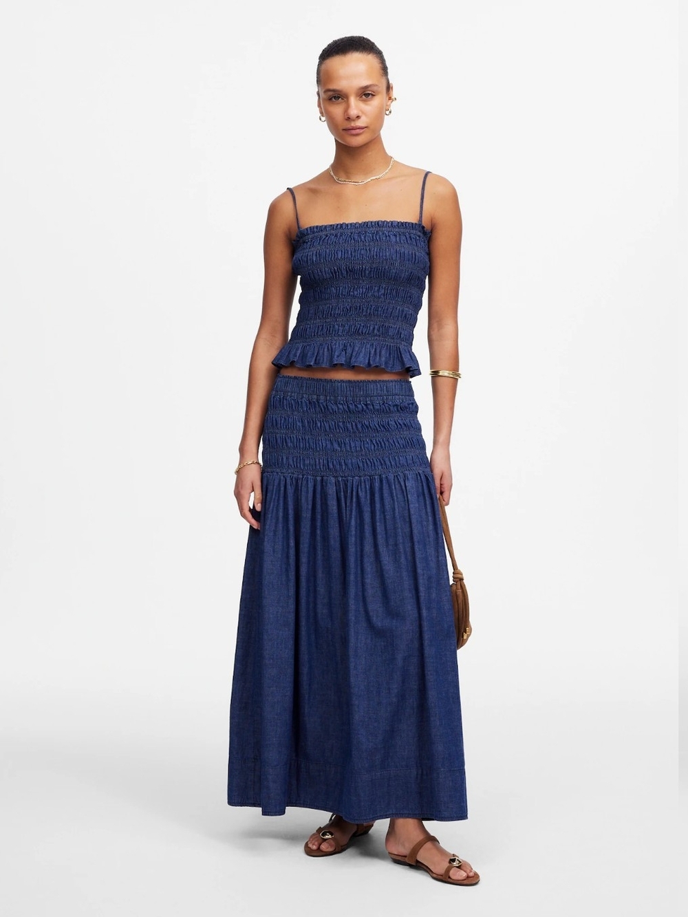 Madewell Smocked-Waist Denim Midi Skirt